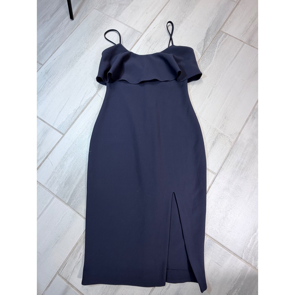 LIKELY Navy Blue Ruffle Spaghetti Strap Midi Dress with Slit Size 6